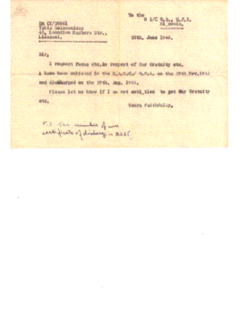 War Gratuity Request Letter – 25 June 1946
