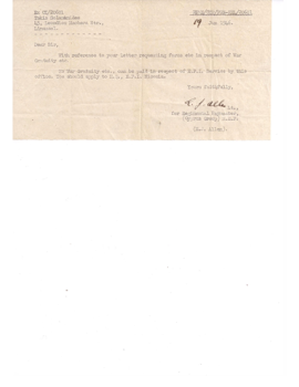 War Gratuity Response Letter – 19 July 1946